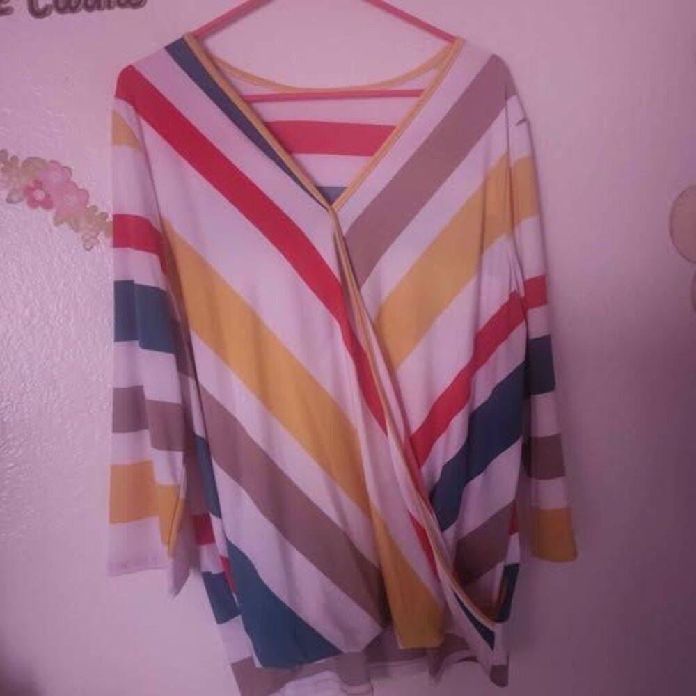 Retro Look Striped Slinky Knit Surplice 3/4 Sleeve Women's Top XL